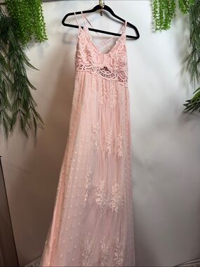 Blush Pink Lace & Tulle Maxi Dress with Crisscross Straps